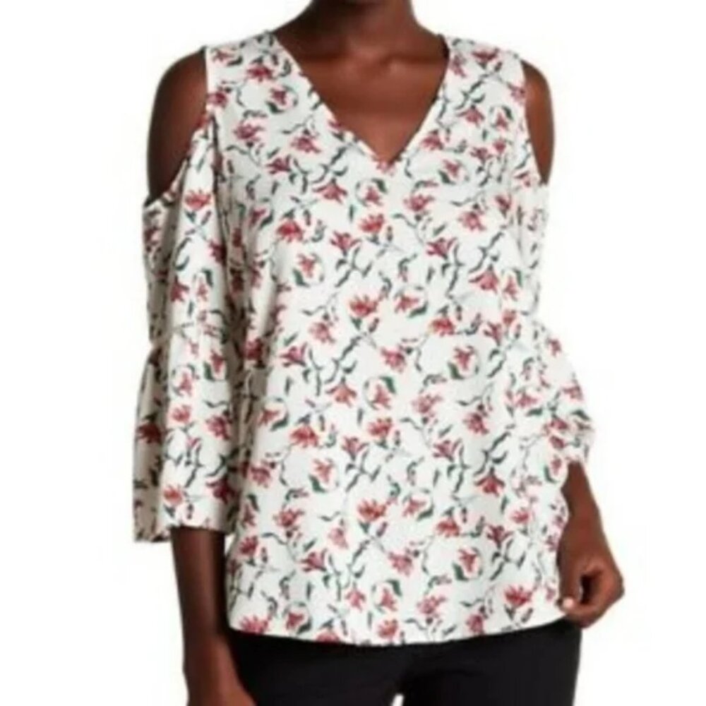Pleione Floral Cold Shoulder Top‎ White Women's Size M
